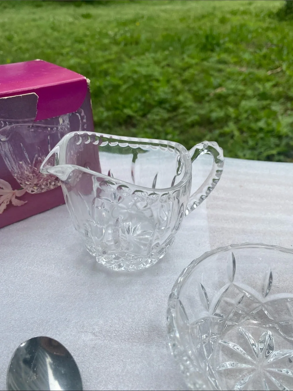 Crystal Gems 24% Lead Crystal Creamer Sugar Bowl Serving Spoon Original Box 1970